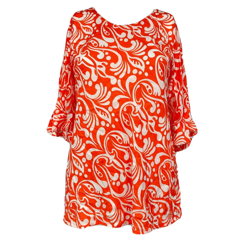 Escapada Shirt Womens Sz XS Orange White Print Ruffle Bell Sleeve Knit Top